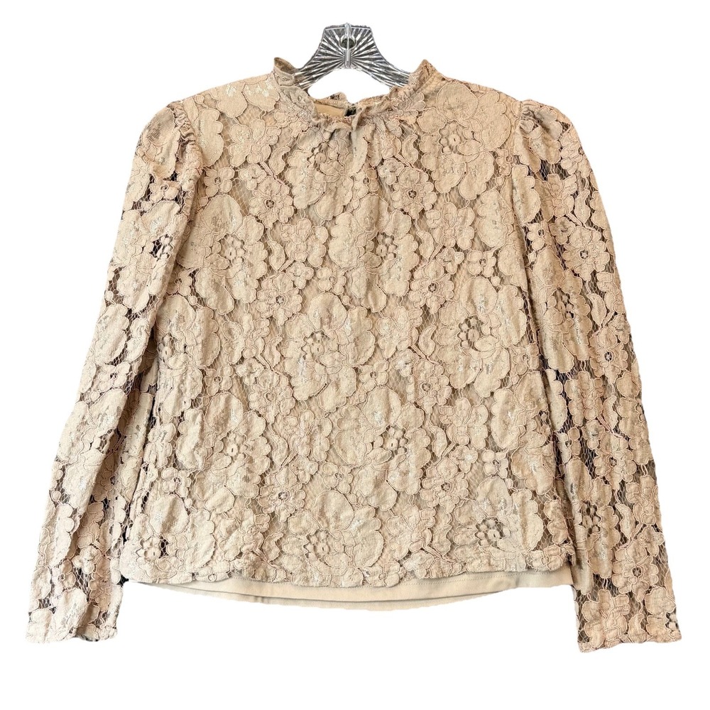 Ultra Pink Women's Lace Top Lined Long Sleeve Beige Floral Cottagecore Medium